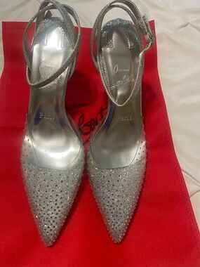 Silver Crystal Embellished Pointed-Toe Slingback Heels